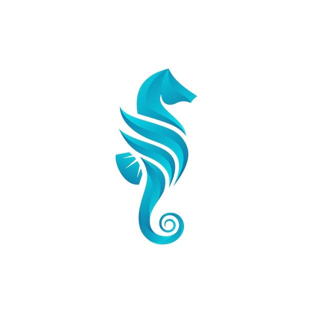 a blue seahorse logo on a white background