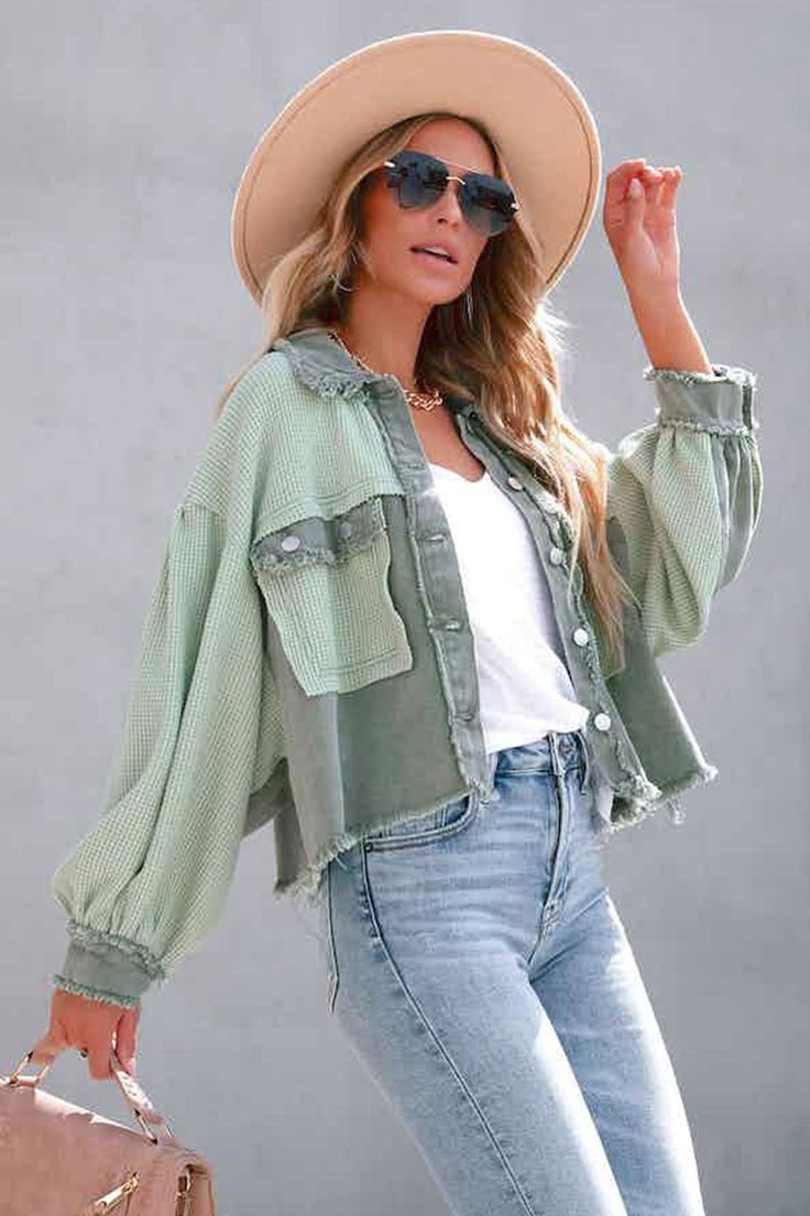 Color: Green, Size: L Cotton Outerwear For Brunch, Long Sleeve Cotton Outerwear For Brunch, Trendy Green Shacket For Spring, Green Long Sleeve Shacket For Spring, Patchwork Denim Jacket, Stile Boho Chic, Cardigan Oversized, Textured Jacket, Patchwork Denim