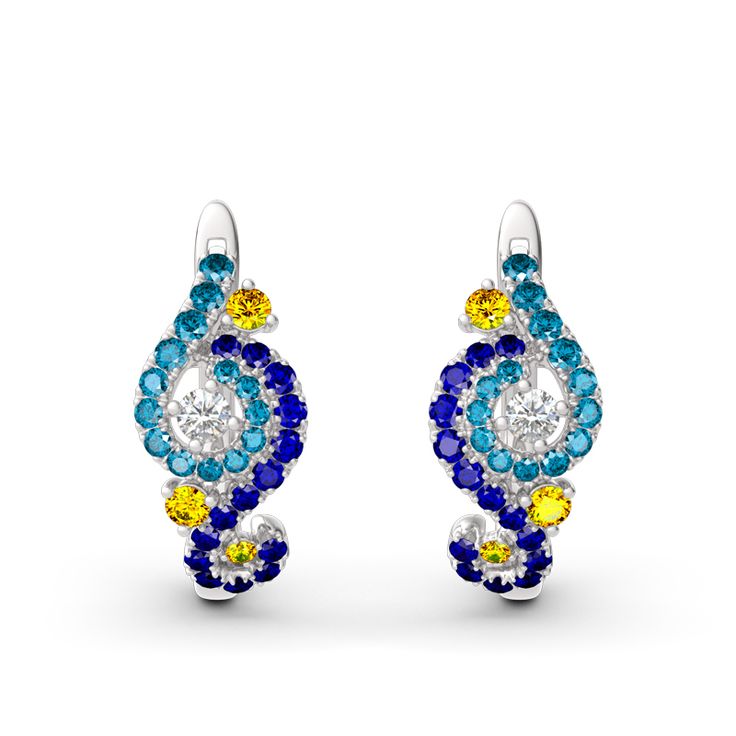 In a stunning display of style and craftsmanship, these earrings are brought to you. A combination of light blue, midnight blue, yellow gold and white stones, the earrings are a premium miniature version of Van Gogh's timeless Starry Night painting. This piece of work reminds us to trust our dreams and not believe the critics of the world. "There is always hope, even in the darkest of times." So trust your dream and let this alluring jewelry make a statement.Carat Weight: 2.584 ctStone Size: 2.5 Blue Diamond Drop Earrings With Accents, Blue Multi-stone Cubic Zirconia Earrings, Blue Diamond Earrings With Sparkling Stones, Blue Diamond Drop Earrings, Blue Diamond Drop Earrings For Anniversary, Blue Diamond Hoop Earrings Fine Jewelry, Diamond Blue Earrings For Anniversary, Blue Sapphire Earrings With Sparkling Stones, Blue Drop Earrings With Diamond Accents