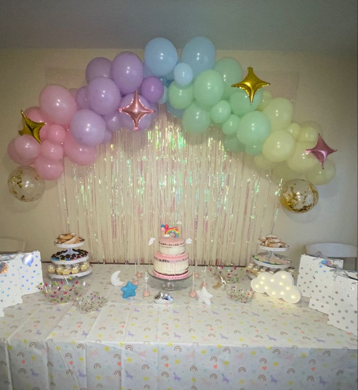 a birthday party with balloons and cake