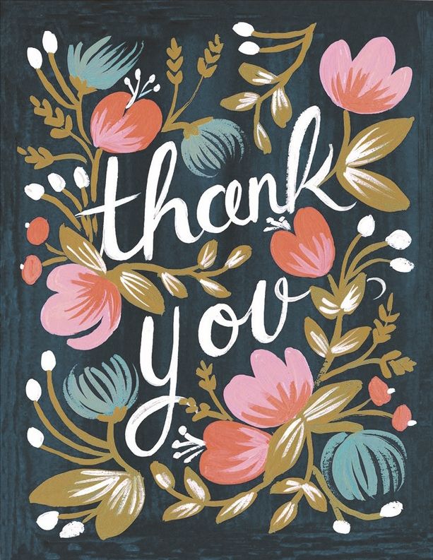 a card with the words thank you on it and flowers in blue, green, pink and