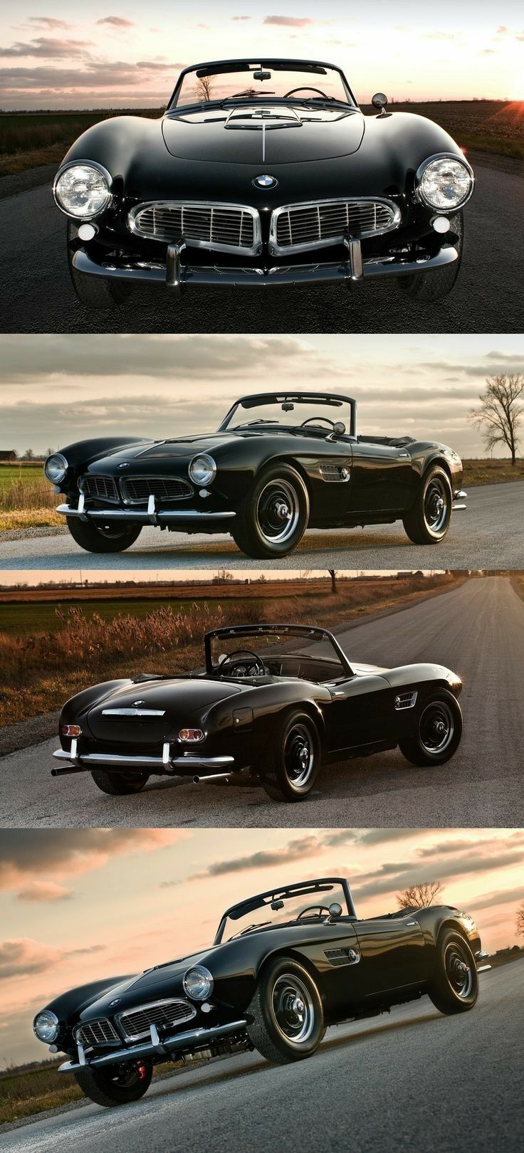 three classic cars are shown in different stages