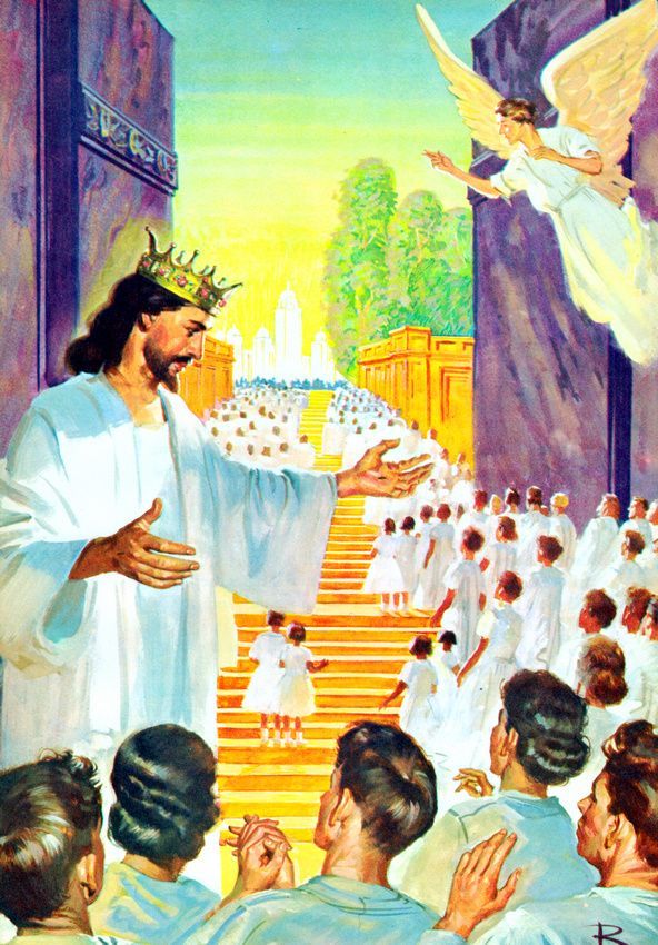 an image of jesus leading the way to heaven with many people in white robes and onlookers