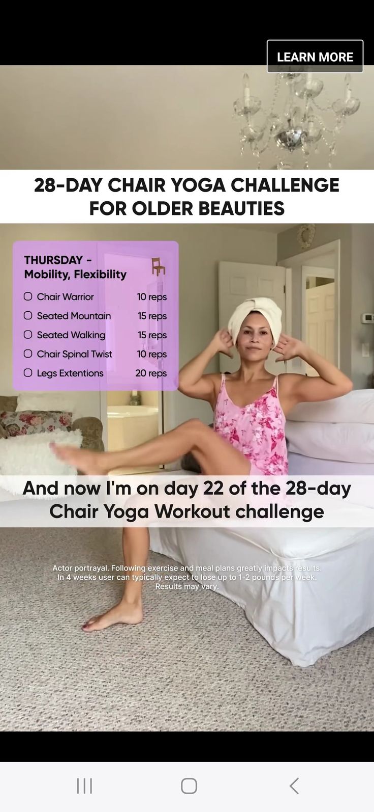 a woman sitting on top of a bed next to a pink sign that says 24 - day chair yoga challenge for older beauties