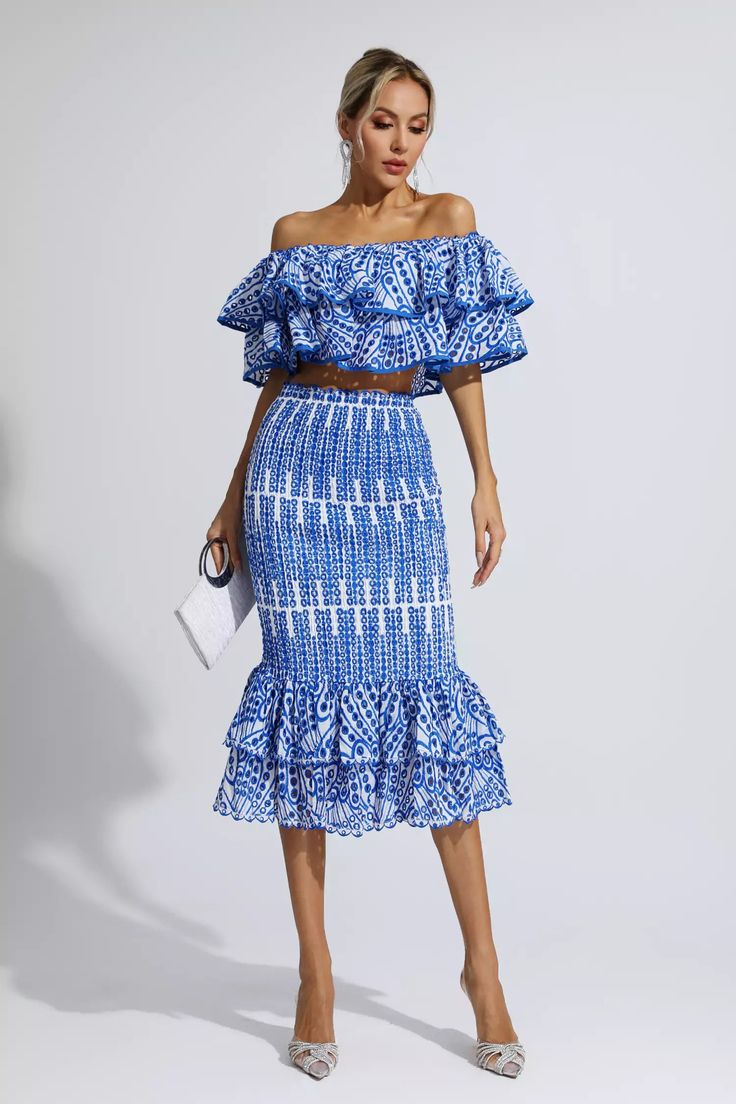 Get the party started in the Anaya Blue Cutout Ruffle Set! Featuring a strapless ruffled bandeau top and open back, the dress adds a touch of flirty flair to the overall look. The skirt is knee-length, exposing the calf, adding a sexy and playful element to the outfit. Complete the chic look with a delicate necklace and earrings!  Top Length: Approx 20cm Skirt Length: Approx 75cm Materials: Polyester Gentle Dry Clean Only  Model is 5 ft 7 and wears size S  Colour may vary due to lighting on imag St Thomas Wedding, Haute Couture Style, Embroidery Skirt, Modern Womens Fashion, Havana Nights, Bohemian Women, Ruffles Fashion, Innovative Fashion, Get The Party Started