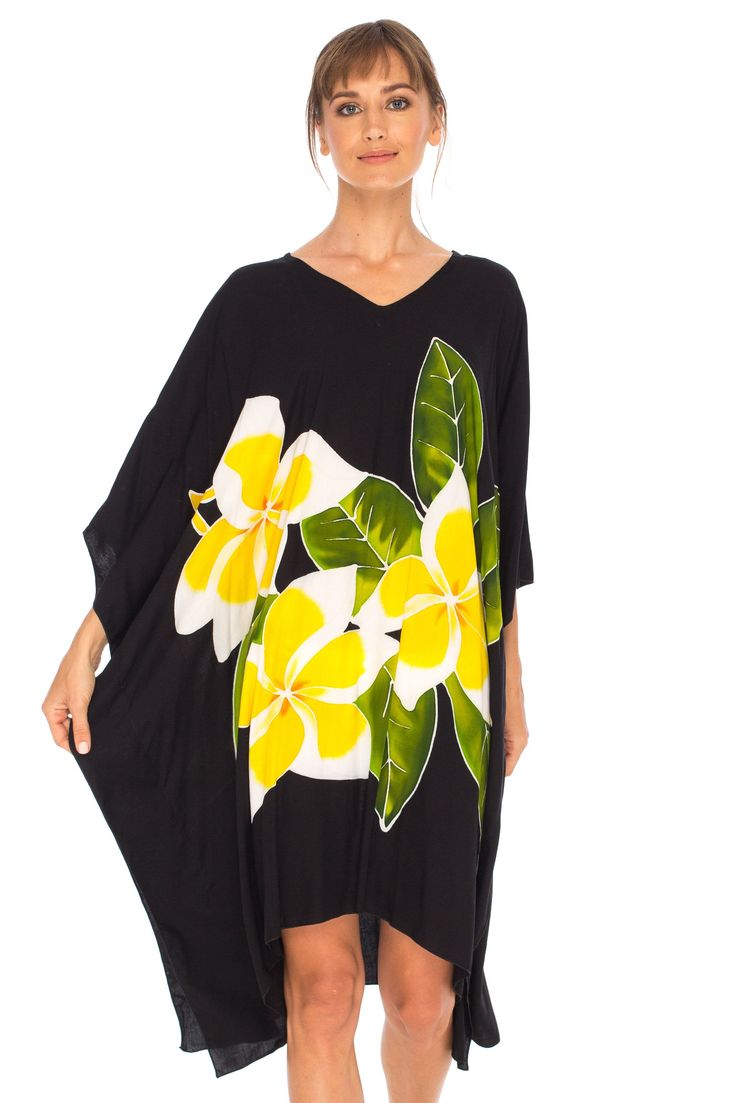 Get ready for the perfect lounge dress/coverup. It is a piece of art you can wear. Short sleeve caftan makes it perfect for sunny days. The lightweight breathable material makes it an ideal companion for vacations. Easy to slip into and take care of. Hand-painted bold tropical flowers from Bali, Indonesia create an elegant kaftan. Lightweight material Hand-painted tropical flowers Soft and comfortable rayon material Machine wash with like colors, hang to dry Black Tropical Style Beach Cover-up, Black Tropical Style Cover-up For Summer, Black Tropical Cover-up For Beach Season, Black Tropical Style Beach Season Cover-up, Black Tropical Dress For Beach Season, Black Tropical Style Summer Cover-up, Black Tropical Beach Season Dress, Casual Rayon Kaftan For Beach, Casual Black Cover-up For Loungewear