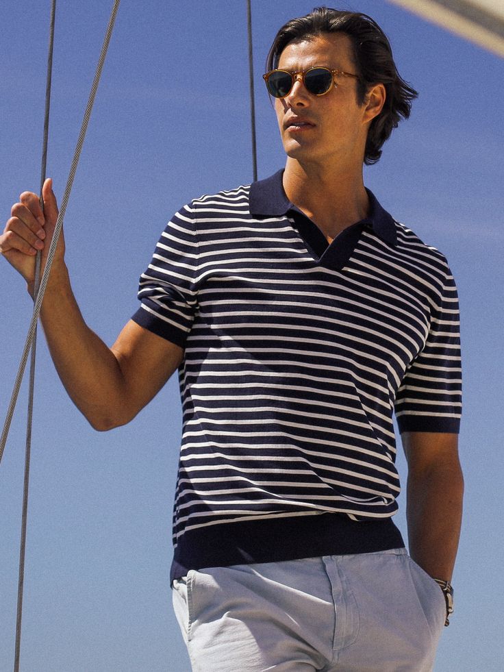 A refined take on a polo shirt, ours features a no-button placket and ribbed sleeves and hem for a more polished look. With its Mediterranean flair, this piece pairs perfectly with an unstructured linen jacket and chinos or 5-pockets. | J.McLaughlin Men's Cillian Polo Sweater in Stripe Navy/Egret White, Size Medium | Cotton Navy Style, Aesthetic Fashion Men, Polo Outfit Men, Nautical Aesthetic, J Mclaughlin, Polo Outfit, Seaside Style, Mens Stripes, Striped Polo Shirt