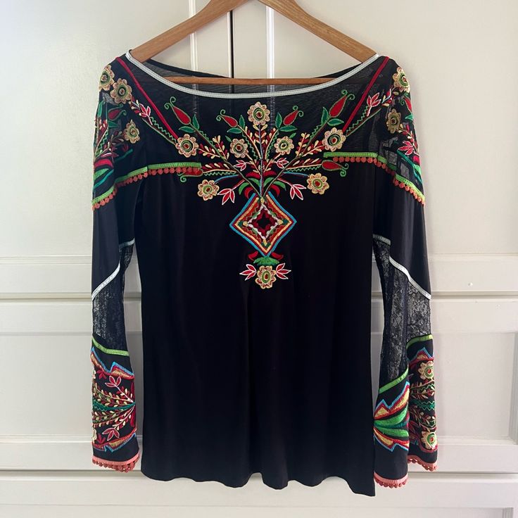 Embroidered Blouse, The Top Part And Top/Bottom Of Sleeves Are Sheer. The Body Is Stretchy, Beautiful Blouse! This Was Purchased From A Boutique And There Is No Tag With A Brand Or Size. It Fits Like A Size 4. Never Worn. Festive Long Sleeve Tops With Intricate Embroidery, Festive Long Sleeve Embroidered Top With Floral Design, Bohemian Tops With Embroidered Sleeves For Festive Occasion, Festive Bohemian Top With Embroidered Sleeves, Festive Party Top With Embroidered Neckline, Embroidered Long Sleeve Blouse Piece For Summer, Fitted Long Sleeve Blouse With Multicolor Embroidery, Multicolor Long Sleeve Top With Embroidered Sleeves, Bohemian Long Sleeve Tops With Multicolor Embroidery