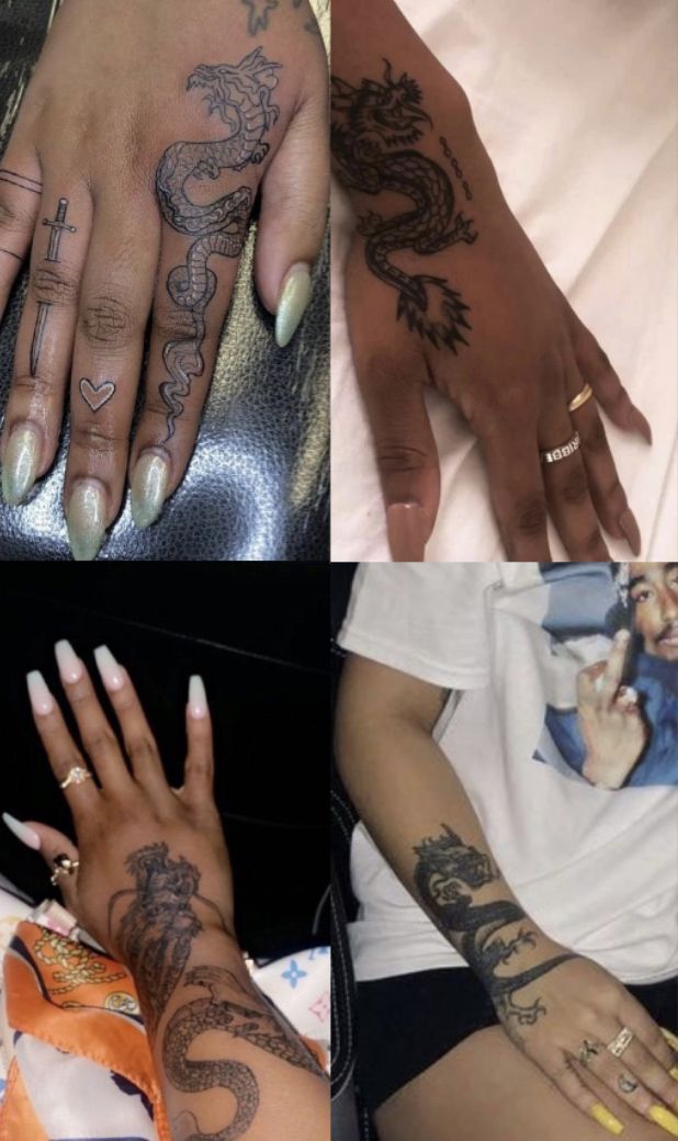 black baddie dragon hand tattoo Matching Tattoos On Hand, Baddie Tats Side Arm, Hand Tattoos Black Women, Small Baddie Tattoos, Dragon Hand Tattoo, Baddie Tats, Baddie Tattoos, Dragon Hand, Cute Hand Tattoos