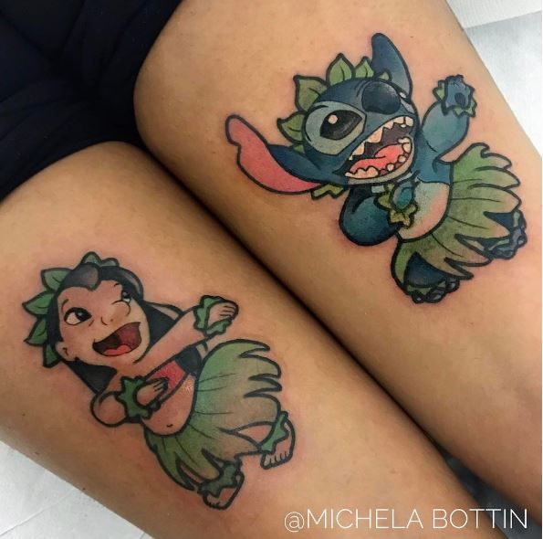 two cartoon tattoos on both legs