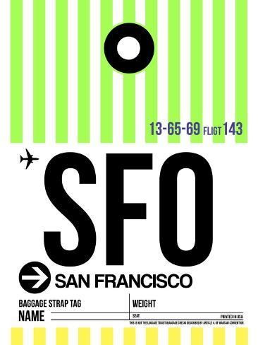 the san francisco airport sign is shown in green and yellow stripes, with an airplane flying overhead