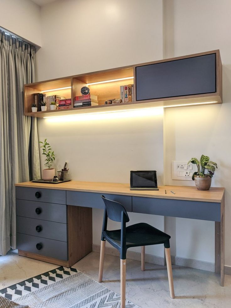 a desk and chair in a small room