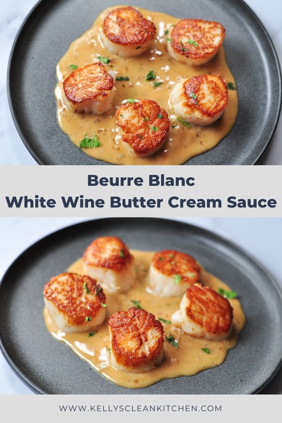 two plates with different types of food on them and the words beurre blancc white wine butter cream sauce