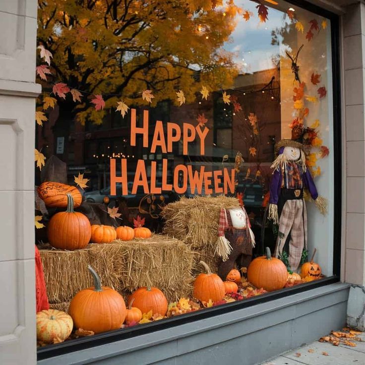 a store window with hay bales and pumpkins