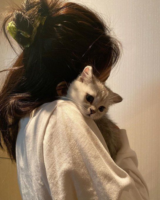 a woman holding a kitten in her arms while wearing a white shirt with a green flower on it's head