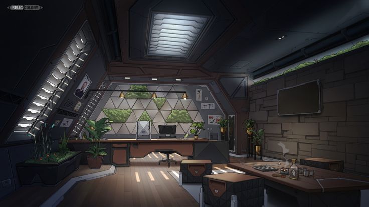 the interior of a futuristic office with plants on the wall and desks in the room