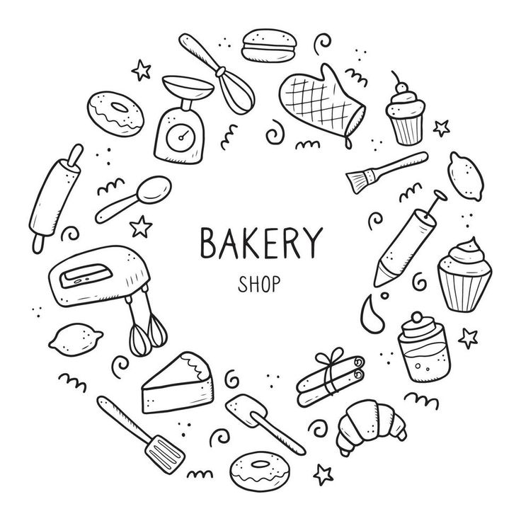 the bakery shop logo is surrounded by hand drawn items in a circle on a white background