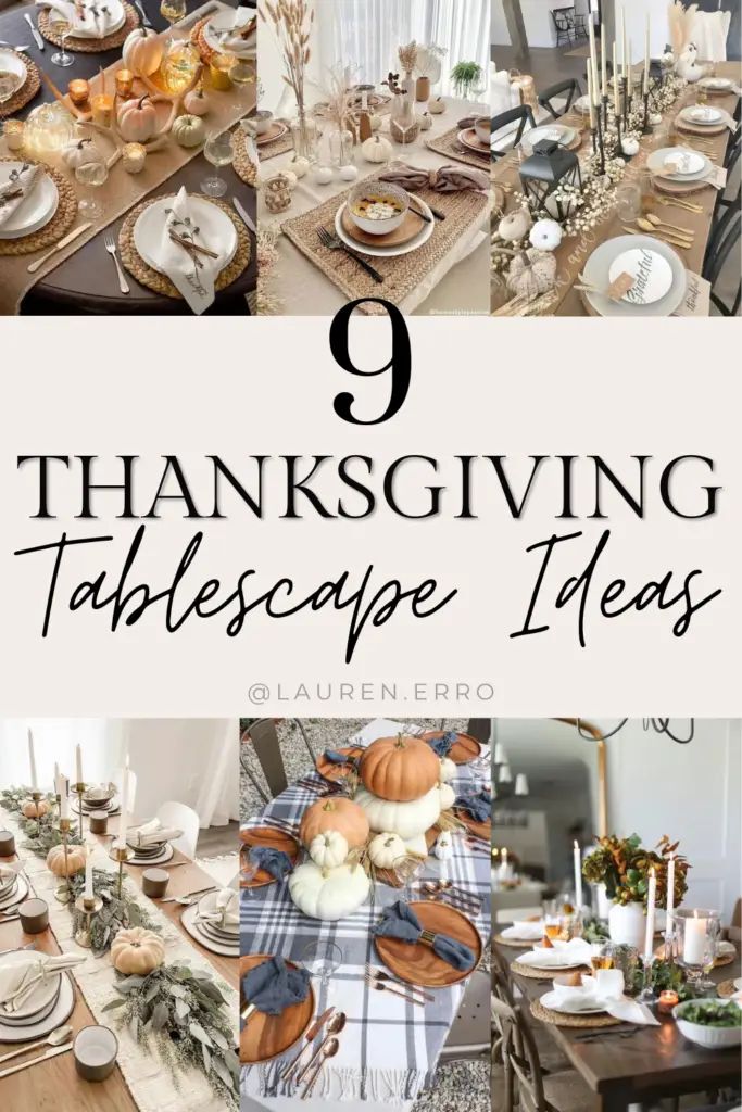 a collage of thanksgiving tablescapes with pumpkins and leaves on the table