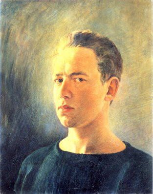 an oil painting of a man in black shirt