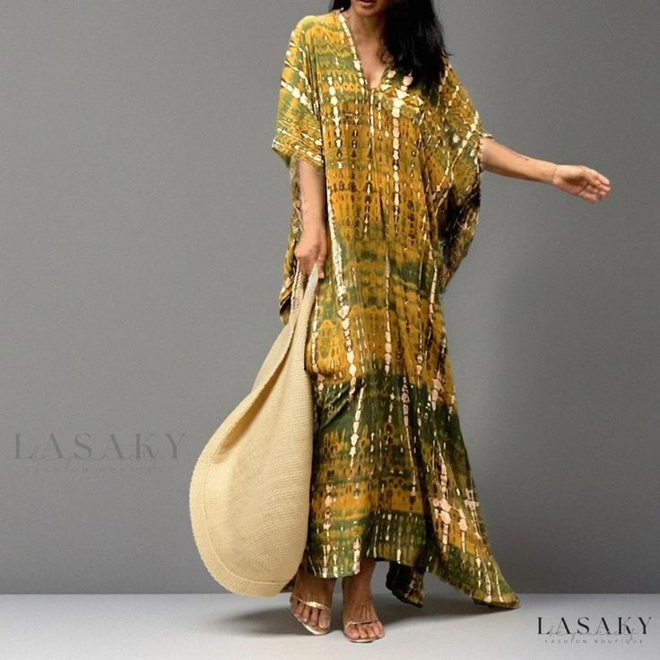 Lasaky - Sun Protection Kaftan Dress: Quick-Drying, Loose-Fitting Beach Cover-up with Bikini, Ideal for Vacation and Resort Resort Kaftan, Resort Maxi Dress, Beachwear Swimwear, Yellowish Green, Beach Coverup Dress, Beach Wear Outfits, Tropical Getaways, Beach Skirt, Caftan Dress