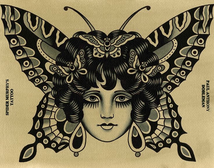 a black and white drawing of a woman's face with butterflies on her head