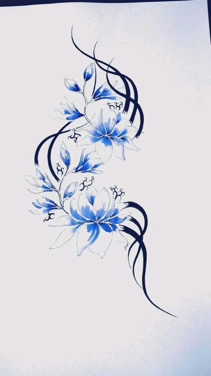 blue flowers on white paper with black lines