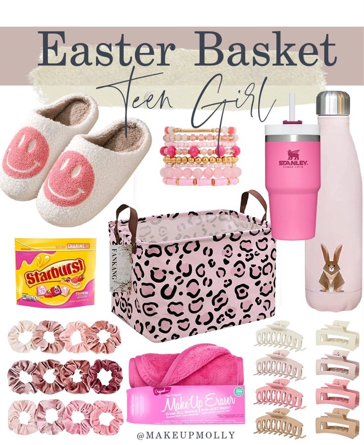 an easter basket for teen girls with pink accessories and items to make it look like they are