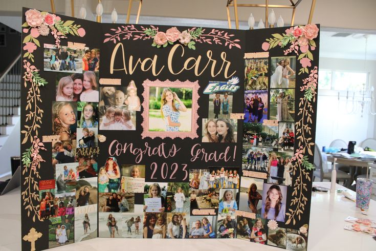 a collage of photos and flowers is displayed on a blackboard with gold lettering