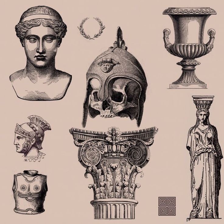 an antique illustration of ancient greek sculptures and busturines