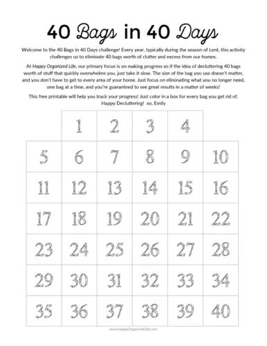 the printable 40 bag in 40 days activity sheet is shown with numbers and times