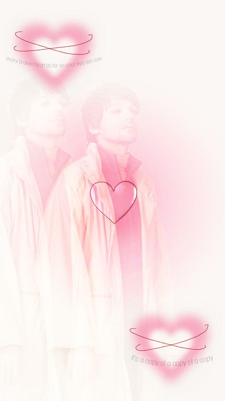 two men standing next to each other with hearts in the background