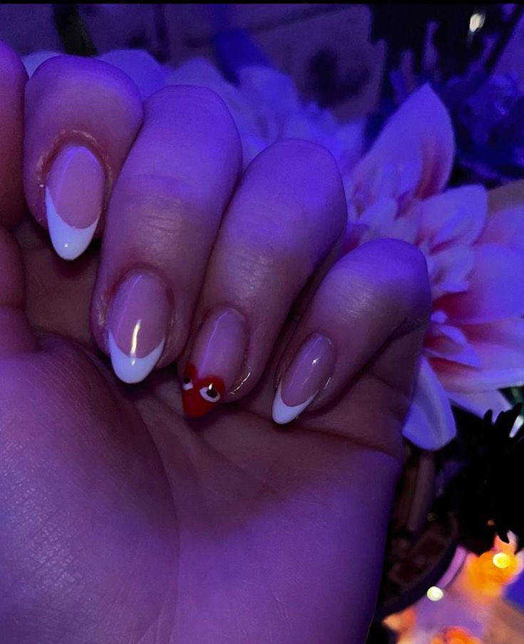 almond shaped nail design white red heart french Short Almond Shaped Nails, Beginner Nail Designs, Almond Shaped Nails Designs, Valentines Day Nails, Cute Simple Nails, Nail Art For Beginners, Nail Designs Valentines, Almond Shape Nails, Simple Acrylic Nails