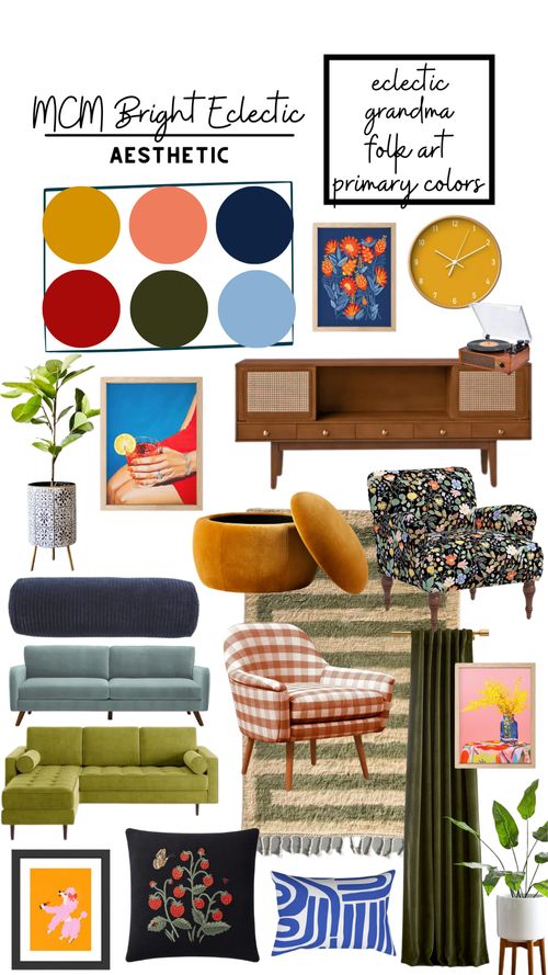 a collage of different furniture and decor items with the words mom bright eclectic aesthetic