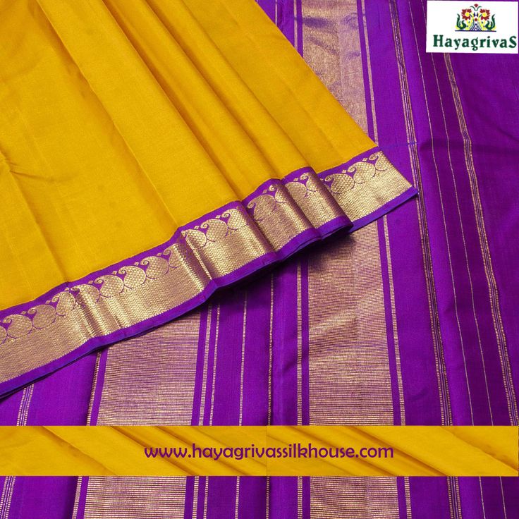 Kanjipuram Saree, Purple Border, Banaras Sarees, Indian Outfits Lehenga, Saree Blouse Neck Designs, Purple Saree, Yellow Saree, Antique Bridal Jewelry, Saree Design