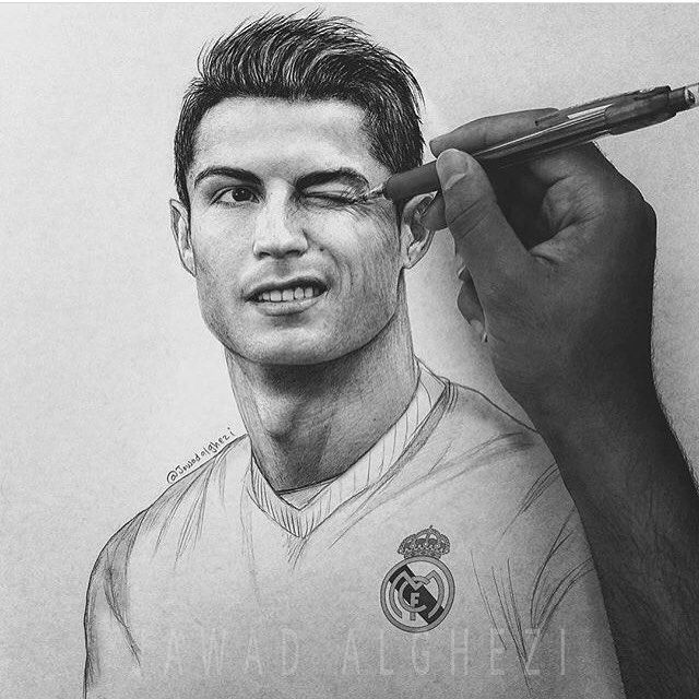 a pencil drawing of a soccer player holding a ball in his right hand and looking at the camera