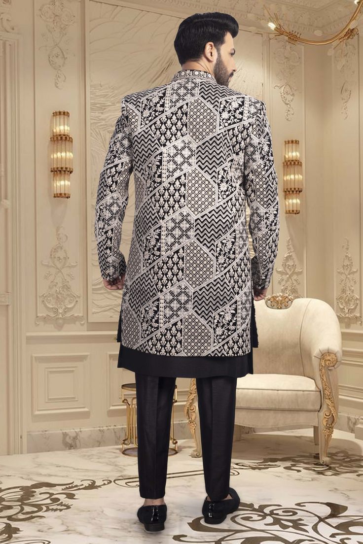 Introducing our Mens Sherwani, U2-S346. This open jacket style sherwani features intricate thread embroidery, adding a touch of elegance to any occasion. Elevate your style with our expertly crafted sherwani, perfect for formal events or special occasions. Winter Designer Kurta With Dabka Work, Straight Kurta With Resham Embroidery For Winter, Winter Straight Kurta With Resham Embroidery, Designer Long Sleeve Sherwani For Festive Occasion, Winter Fitted Sherwani With Zari Work, Fitted Winter Sherwani With Zari Work, Designer Bandhgala For Winter Reception, Elegant Bandhgala With Dabka Work For Winter, Designer Winter Bandhgala For Reception