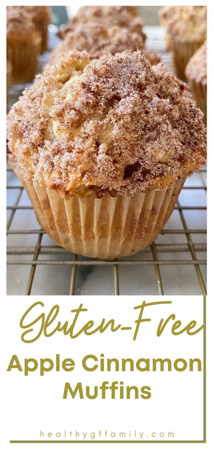 gluten - free apple cinnamon muffins on a cooling rack with text overlay