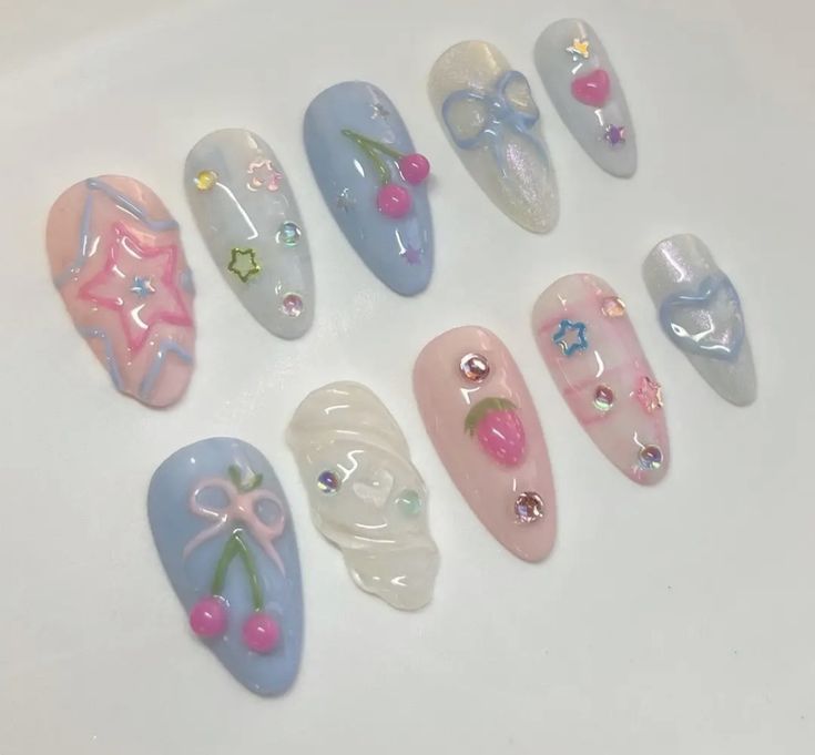 Rose Bud Nails, Simple Doodle Nail Art, Jelly Nails Short Korean Pink, Pastel Nails Korean, Korean Syrup Nails, Molding Gel Nail Art, Kid Core Nails, Korean Style Nails Art, Cute Japanese Nails