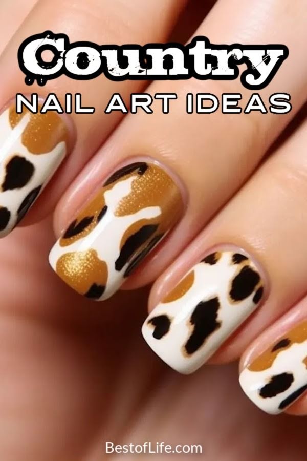 Country western nail designs are perfect for a night at the rodeo or when you just want to give cowgirl vibes. Western Nail Art | Cowboy Nail Art Ideas | Cow Print Nail Art Tutorials | Rodeo Nail Tutorial | Rodeo Nail Art Ideas | Country Style Nail Tutorials | DIY Nail Art Ideas | Western Nail Art Inspiration | Rodeo Aesthetic Ideas via @thebestoflife Rodeo Inspired Nails, Texas Nail Art, Farm Animal Nails Designs, Brown Western Nails, Cowboy Nail Art, Cowgirl Nail Ideas, Nashville Nails Country, Nail Designs Western, Rodeo Nails Designs