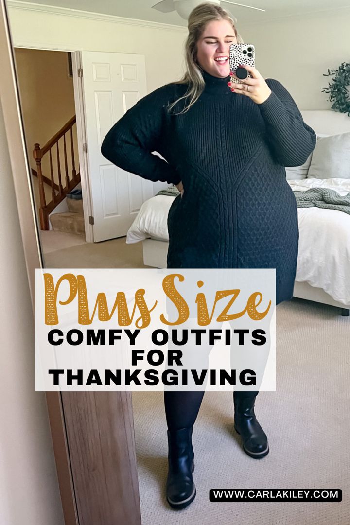 Blonde woman wearing a black plus size sweater dress and black tights in her bedroom Plus Thanksgiving Outfit Women, Thanksgiving Outfit 2023 Plus Size, Dressy Casual Outfits Plus Size, Cute Thanksgiving Outfits Plus Size, Plus Thanksgiving Outfit, Sweater Dress Plus Size Outfit, Thanksgiving Plus Size Outfit, Plus Size Thanksgiving Outfit Ideas 2023, Plus Size Thanksgiving Outfit Ideas 2024