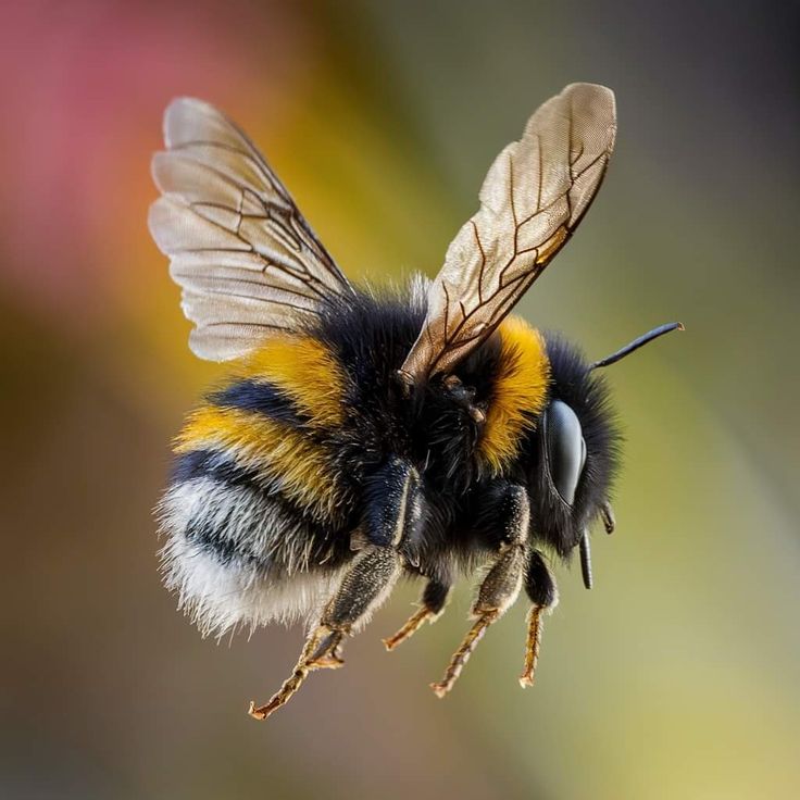 a close up of a bee flying in the air with it's wings open