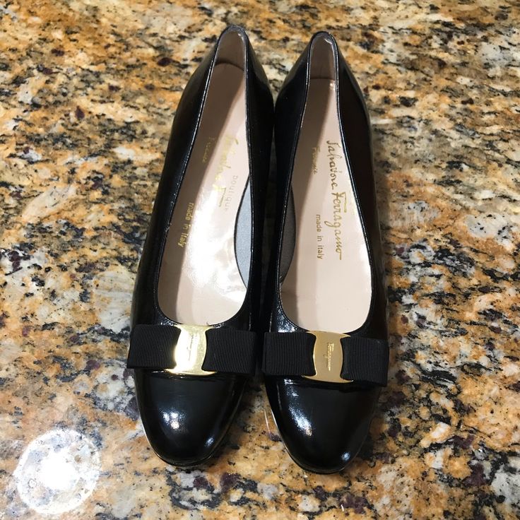 Salvatore Ferragamo Vera Flats Sz9 Black. Great Used Condition & Minor Signs Of Wear (Insole Is Loose). Black Cap Toe Heels, Black Classic Patent Leather Heels, Classic Black Heels With Rubber Sole, Black Cap Toe Heels For Formal Occasions, Classic Black Slip-on Heels, Salvatore Ferragamo Shoes, Ferragamo Shoes, Salvatore Ferragamo Flats, Salvatore Ferragamo