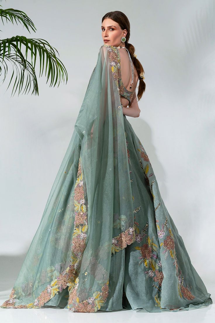 Buy Green Organza Embroidered Floral Cut-out Applique Lehenga Set For Women by Neha Khullar Online at Aza Fashions in CA