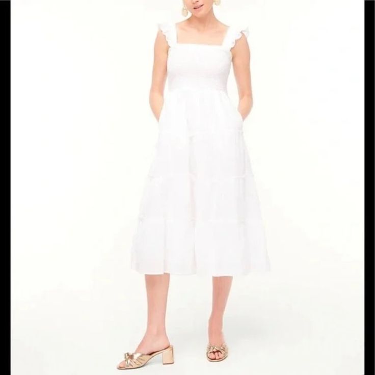 Nwt J. Crew Smocked Tiered Midi Dresses In White. Originally Purchased For My Bridesmaids To Get Ready In But Went With Something Else. Casual White Dresses With Smocked Cuffs, White Casual Dress With Smocked Cuffs, White Smocked Dress With Smocked Cuffs For Vacation, White Sundress With Smocked Back, White Smocked Dress With Ruffles And Square Neck, Elegant White Smocked Dress For Daywear, White Smocked Dress With Square Neck For Vacation, White Smock Midi Length Dress, White Smocked Dress With Square Neck And Smocked Cuffs