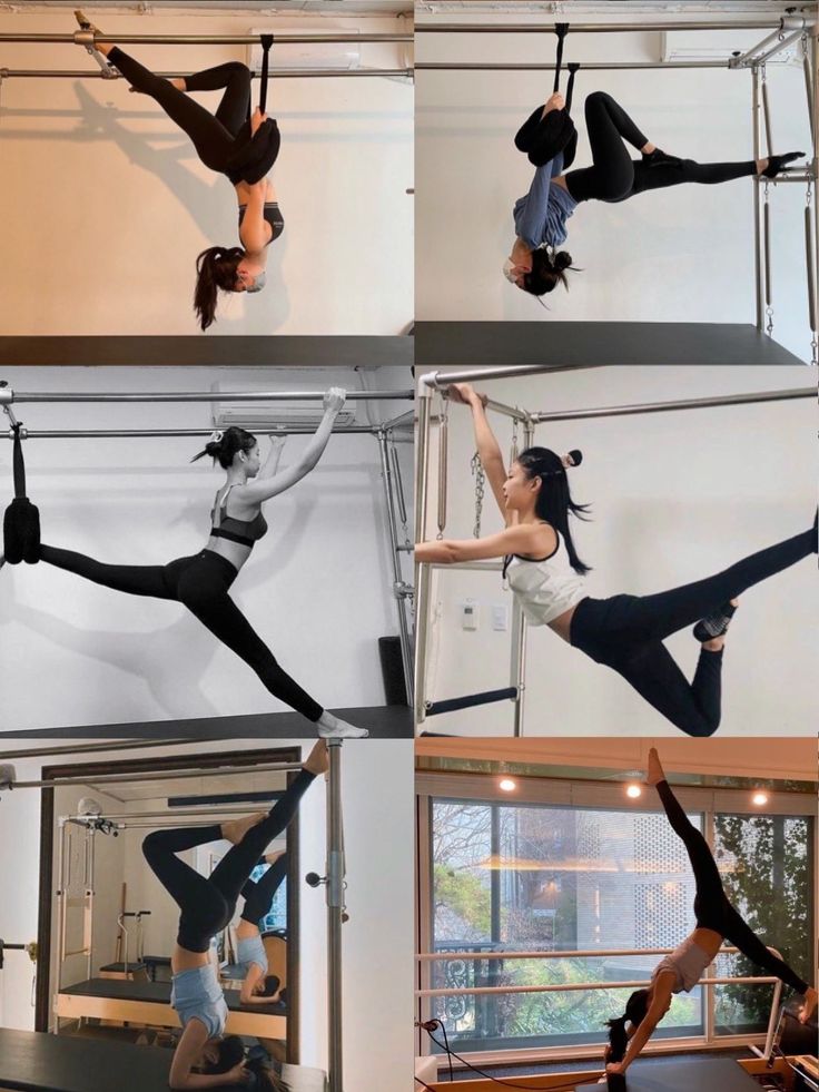 four different pictures of women doing aerial acrobatics