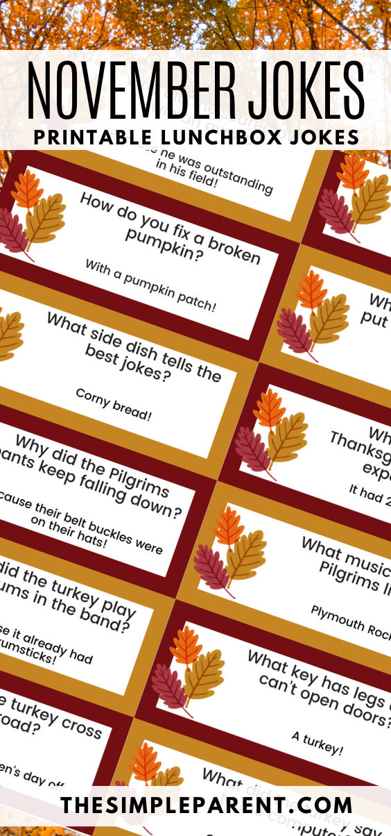 november jokes printable lunchbox labels with fall leaves on them and the text, november jokes printable lunchbox notes