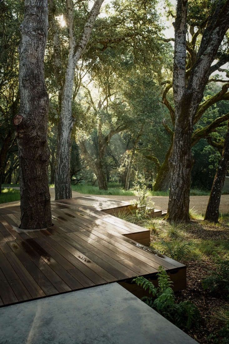 a wooden deck surrounded by trees and grass