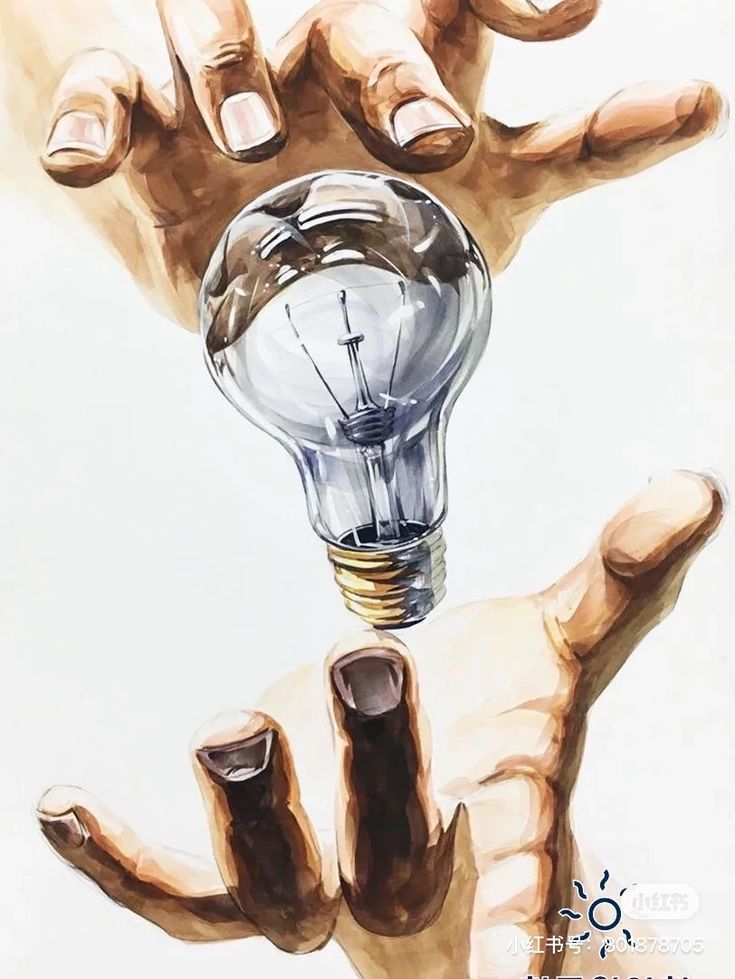 a painting of two hands holding a light bulb