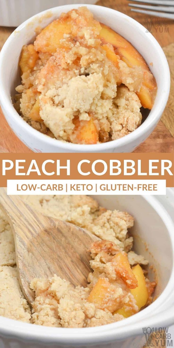 peach cobbler in a white bowl with a wooden spoon next to it and the recipe below