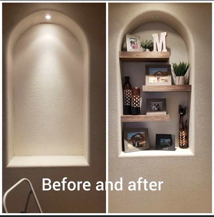 before and after pictures of a niche in the wall